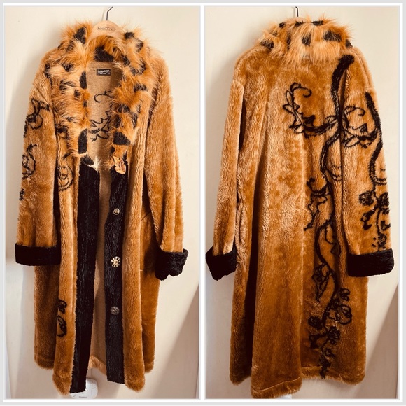 Lee Andersen Faux Fur Long Coat Brown Black Statement Jacket size 1 (M) - Picture 1 of 13